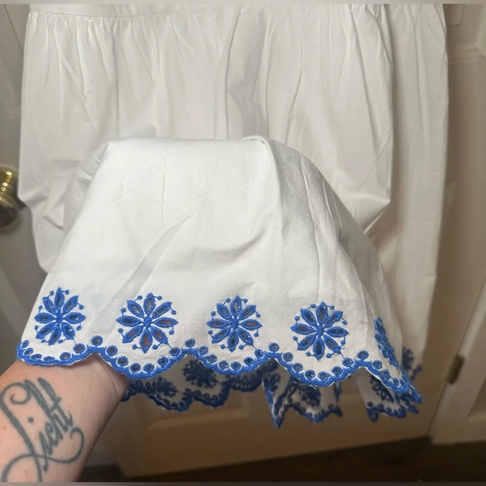 J Crew Embroidered Hem Straps Tiered Sleeveless Dress Scalloped Hem Blue White 8